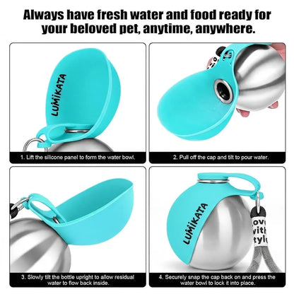 Lumikata 2-in-1 Portable Dog Water Tumbler with Silicone Bowl - 10oz Stainless Steel Leak-Proof Water Bottle for On-the-Go Hydration