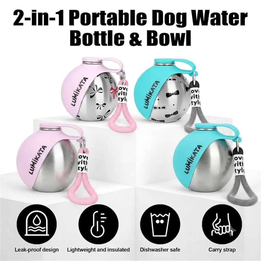 Lumikata 2-in-1 Portable Dog Water Tumbler with Silicone Bowl - 10oz Stainless Steel Leak-Proof Water Bottle for On-the-Go Hydration